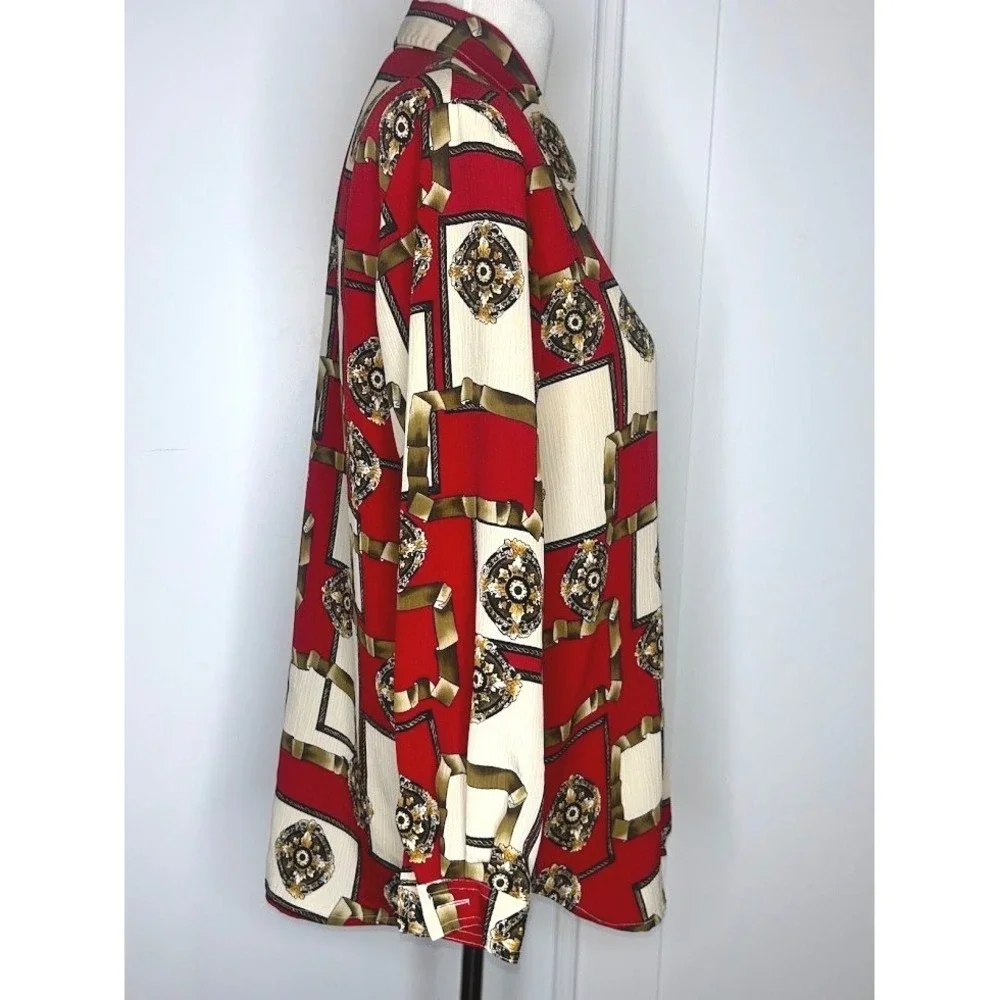 Christie & Jill Petite Vintage Red Baroque Chain Medallion Button Down Blouse M